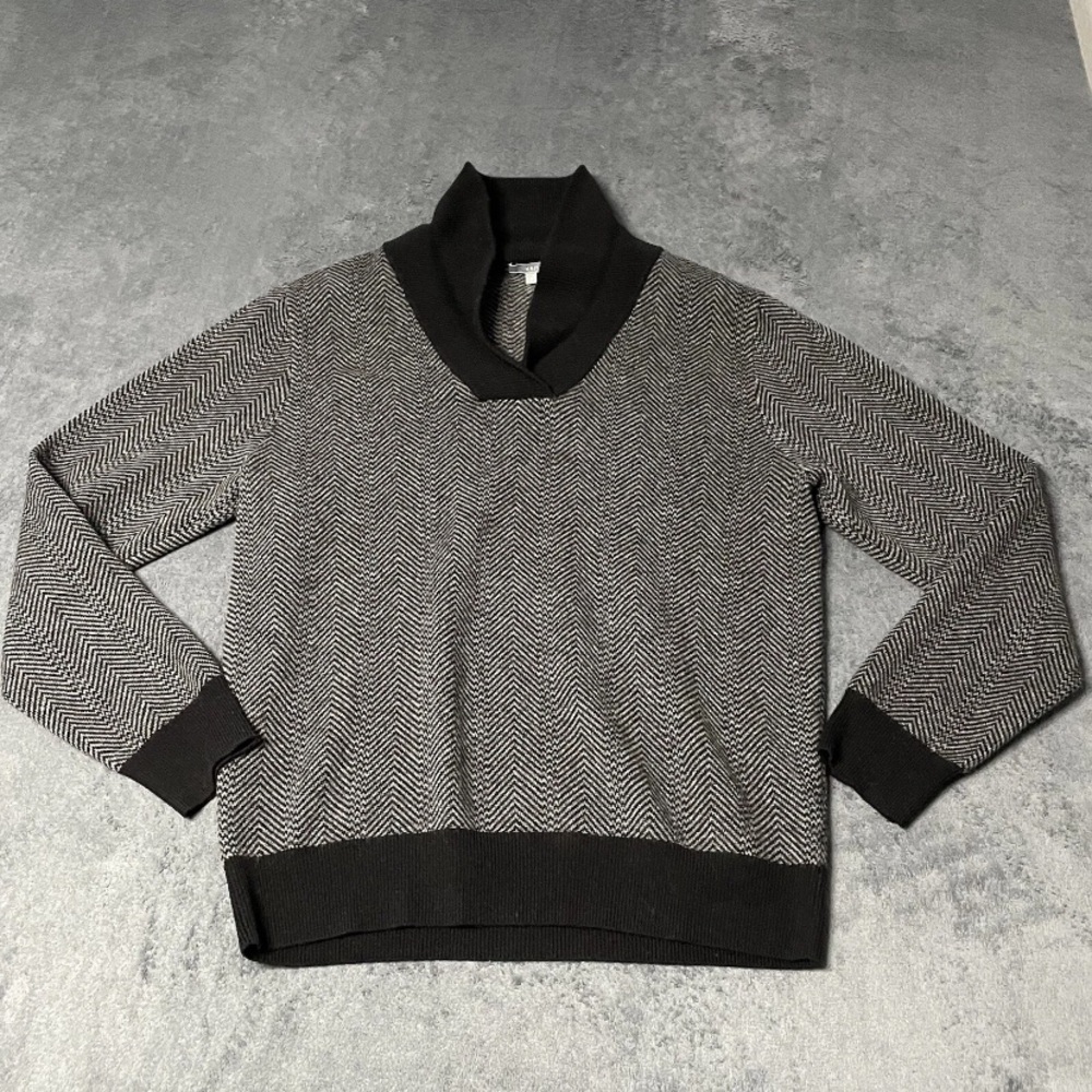 K+J2 Sweater Men M Houndstooth Black Wool Cashmere Shawl Neck Fisherman Pullover